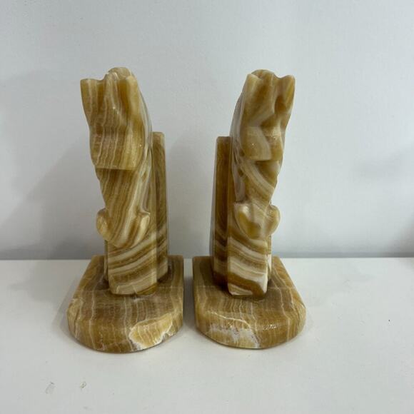 Pair of Vintage Beige Tan Neutral Mid Century MCM Onyx Stone Horse Head Bookends - Picture 4 of 6